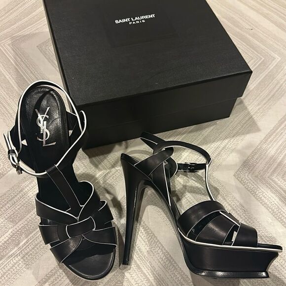 Saint Laurent Black with White Trim Tribute Sandals - Picture 1 of 9